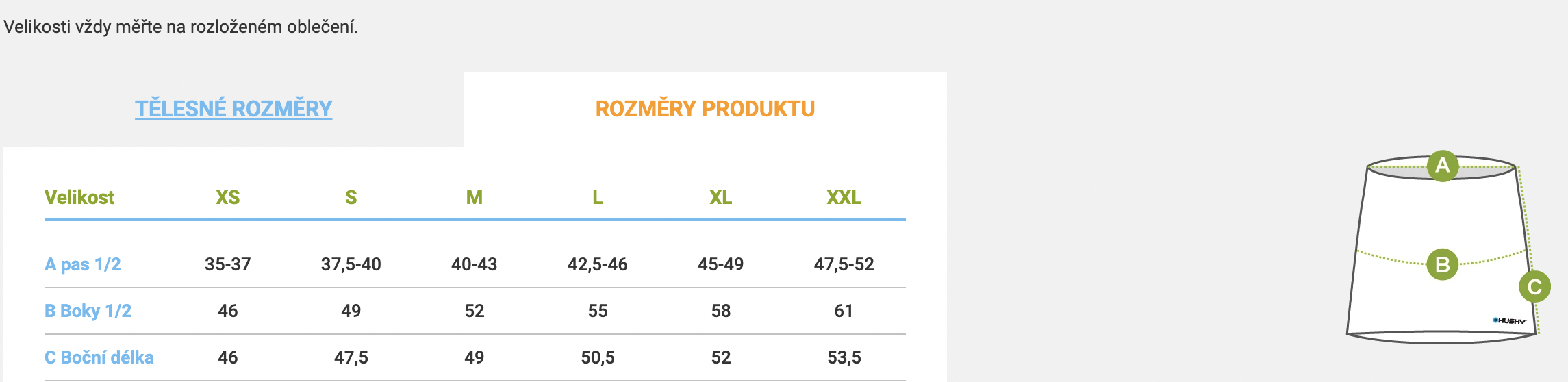 velikostni tabulka damske sukne husky freez